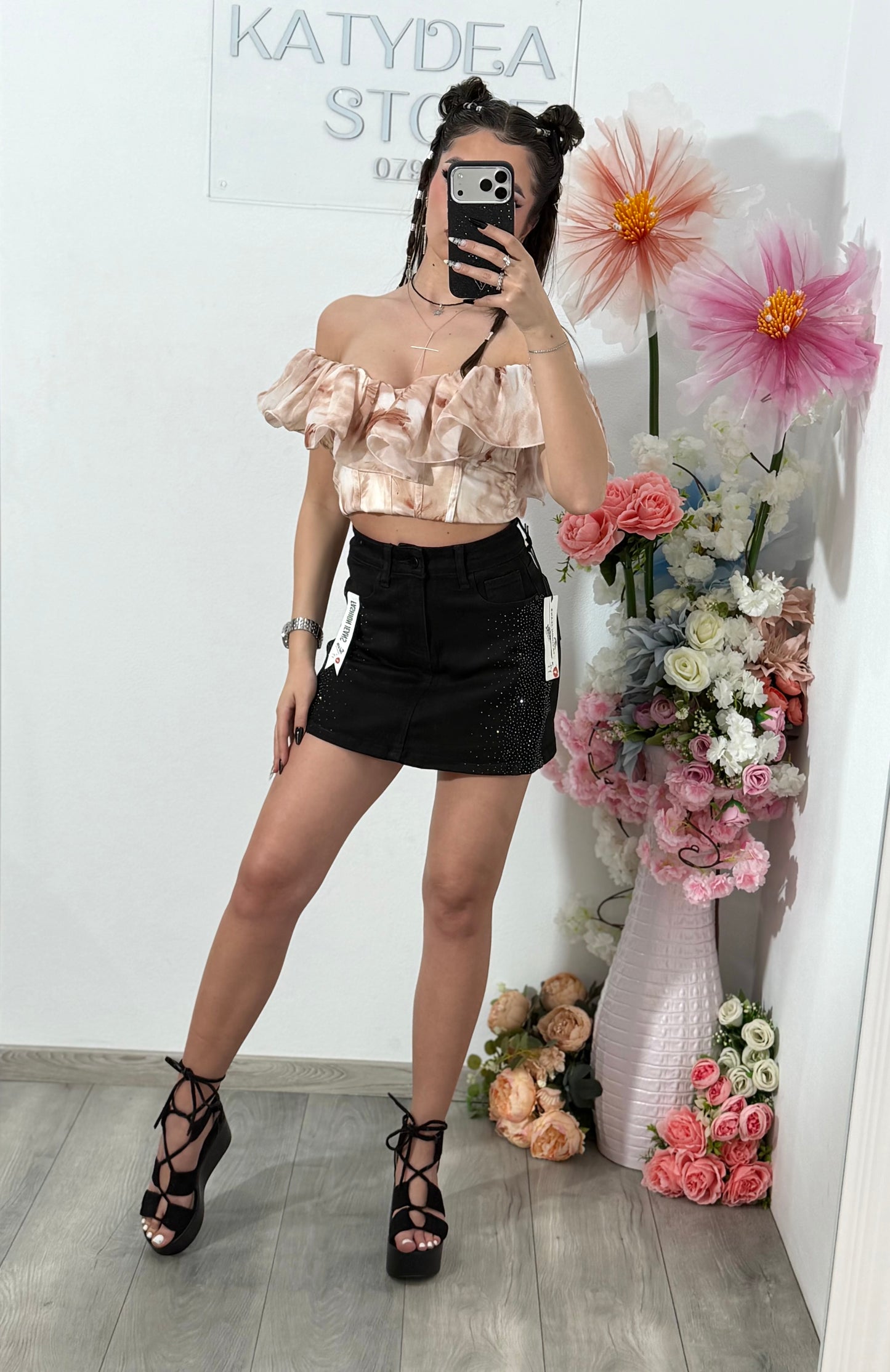 Fusta pantalon din denim negru cu cristale argintii