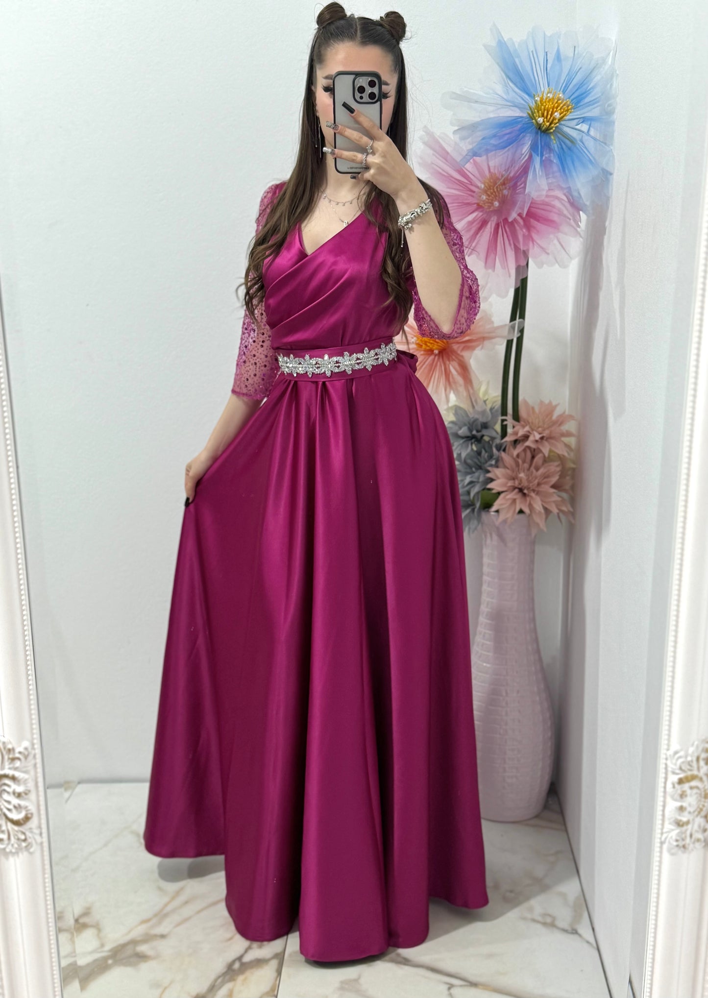 Rochie lungă Adria din tafta fucsia