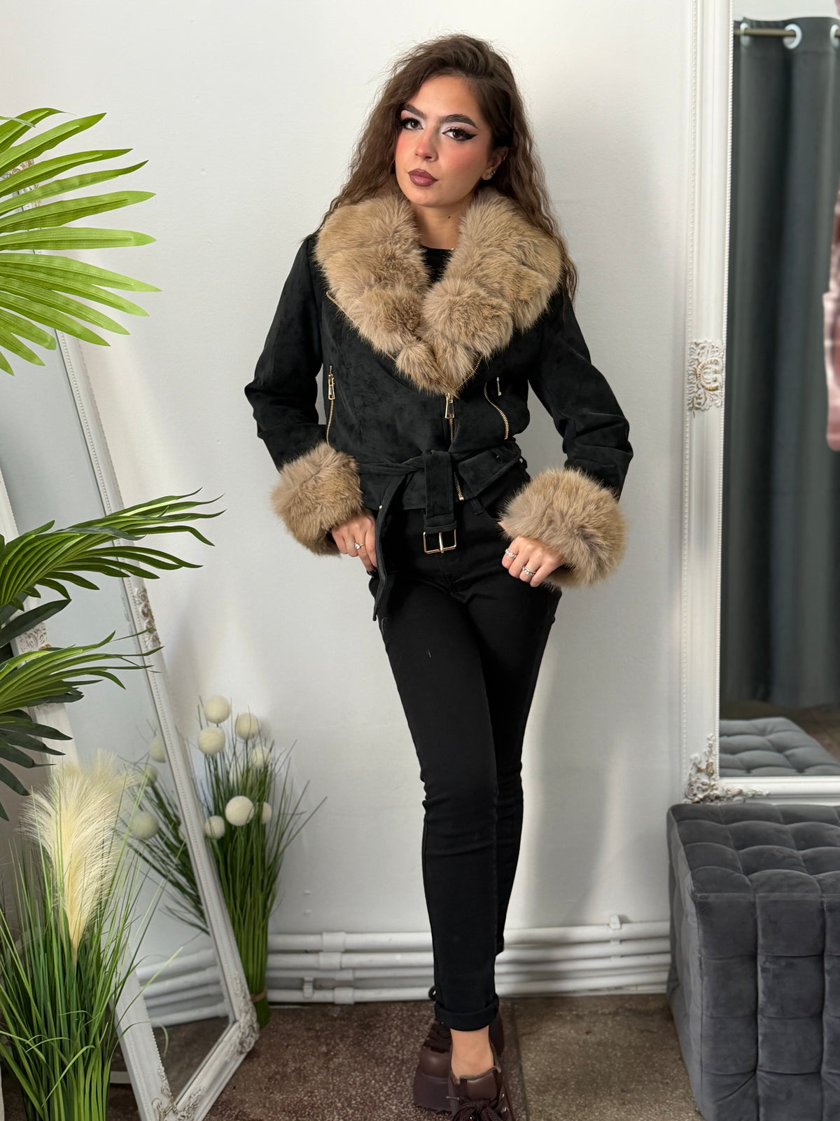 Geacă din imitație de piele și blană BLACK