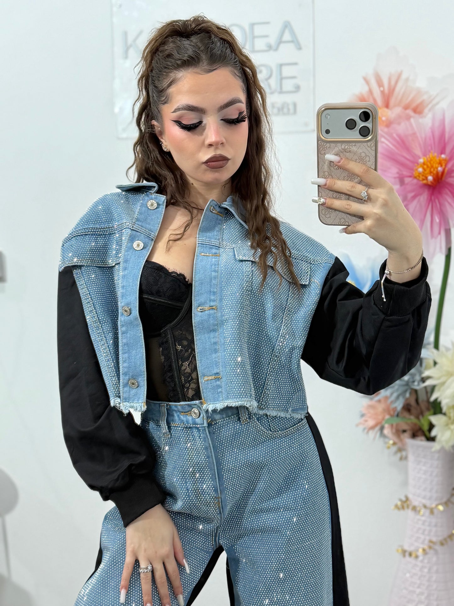 Compleu din denim cu strasuri – geacă & pantaloni ANDREEA