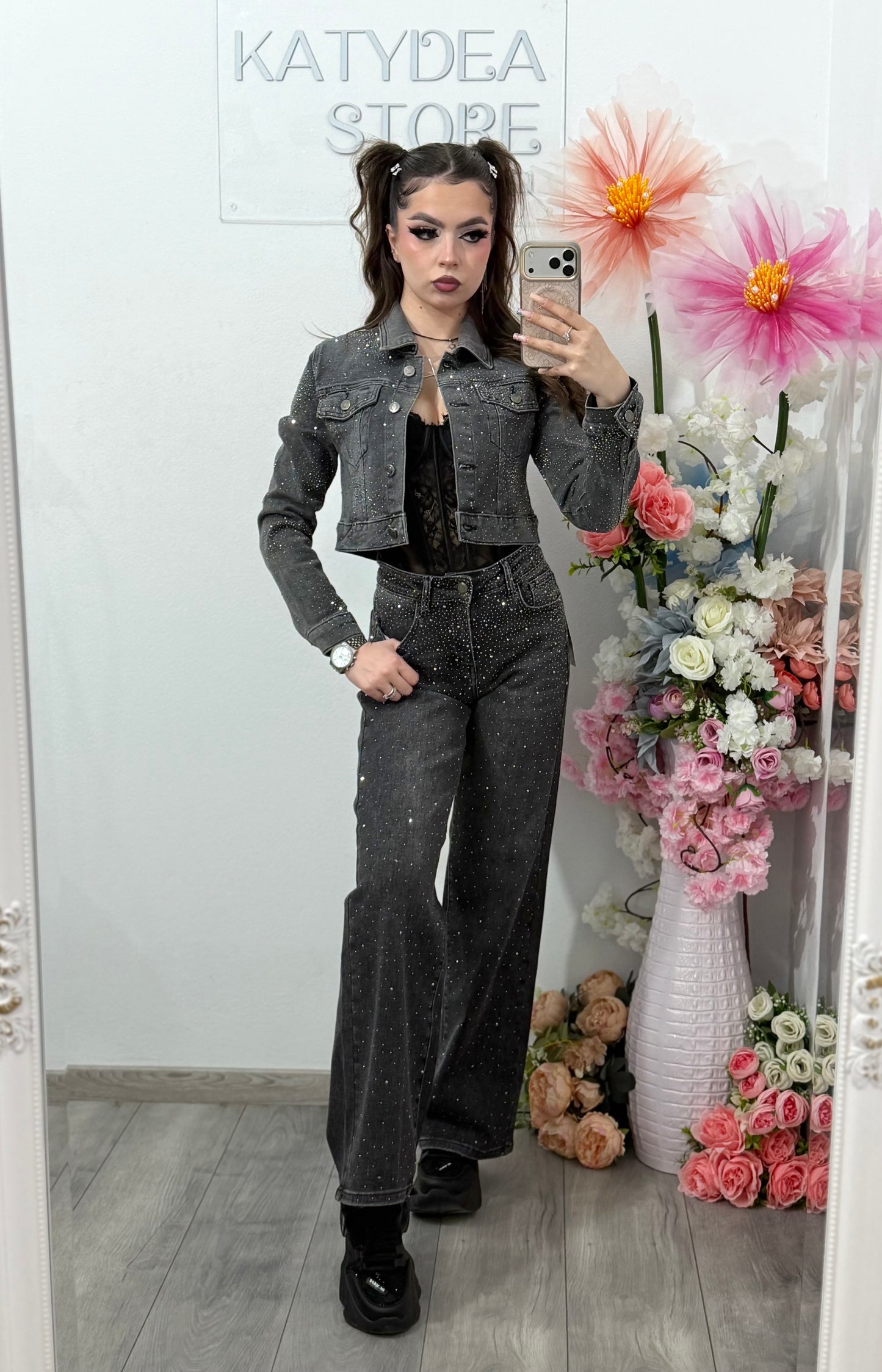 Blugi WideLeg gri cu cristale ELIZA