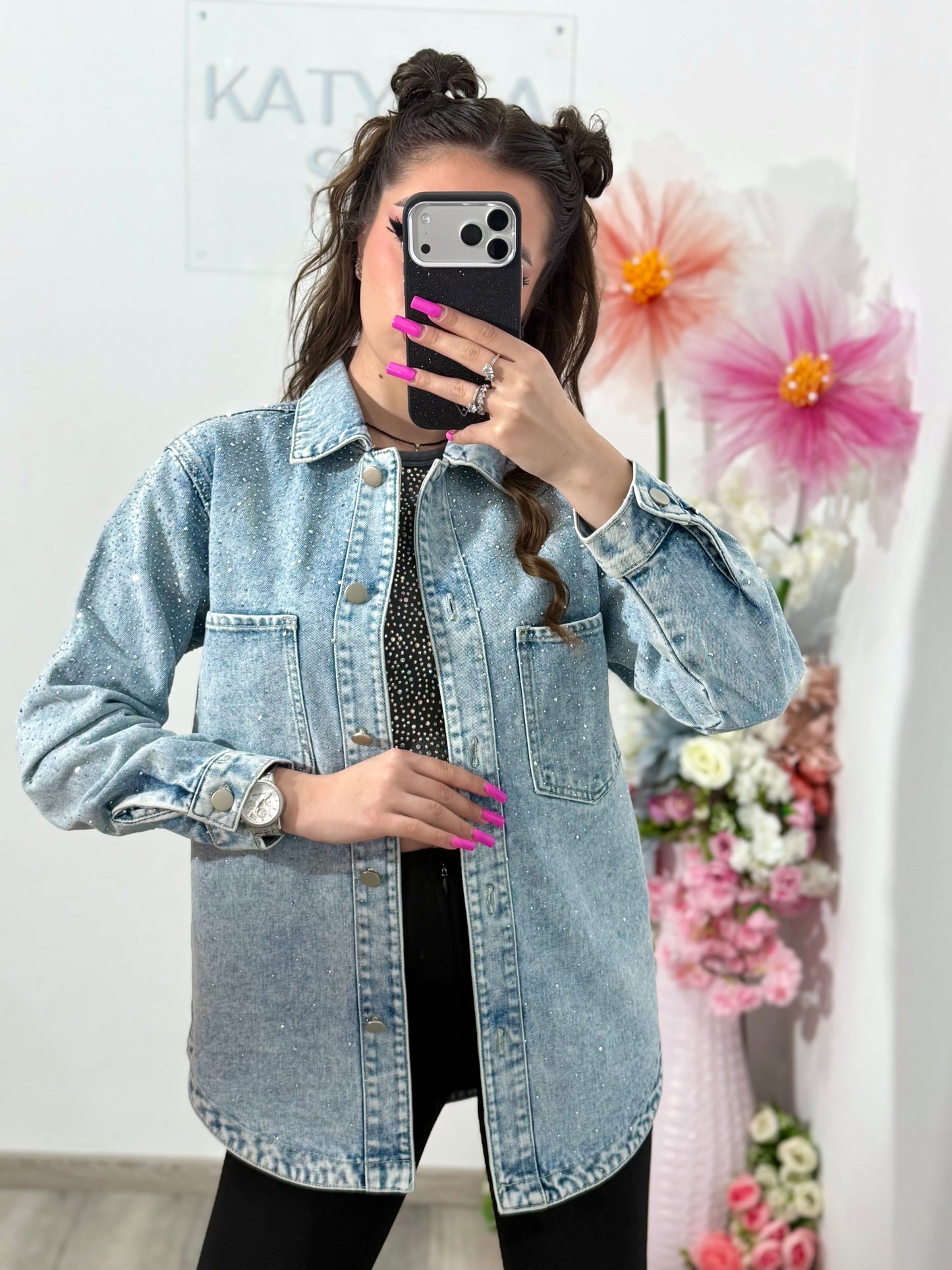 Jacheta din denim blue cu cristale ștanțate MAYA