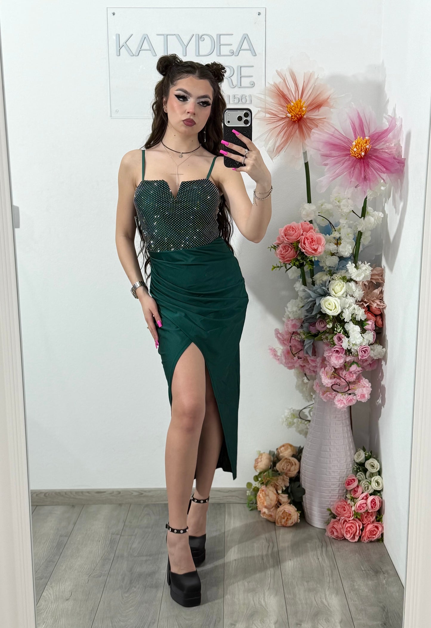 Rochie midi cu cristale verde smarald DELIA
