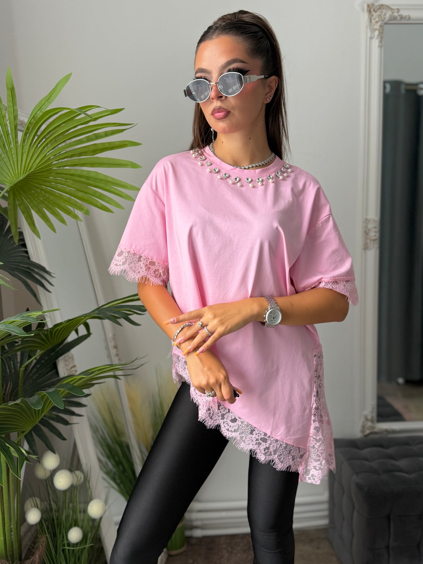 Tricou cu dantelă roz SARA