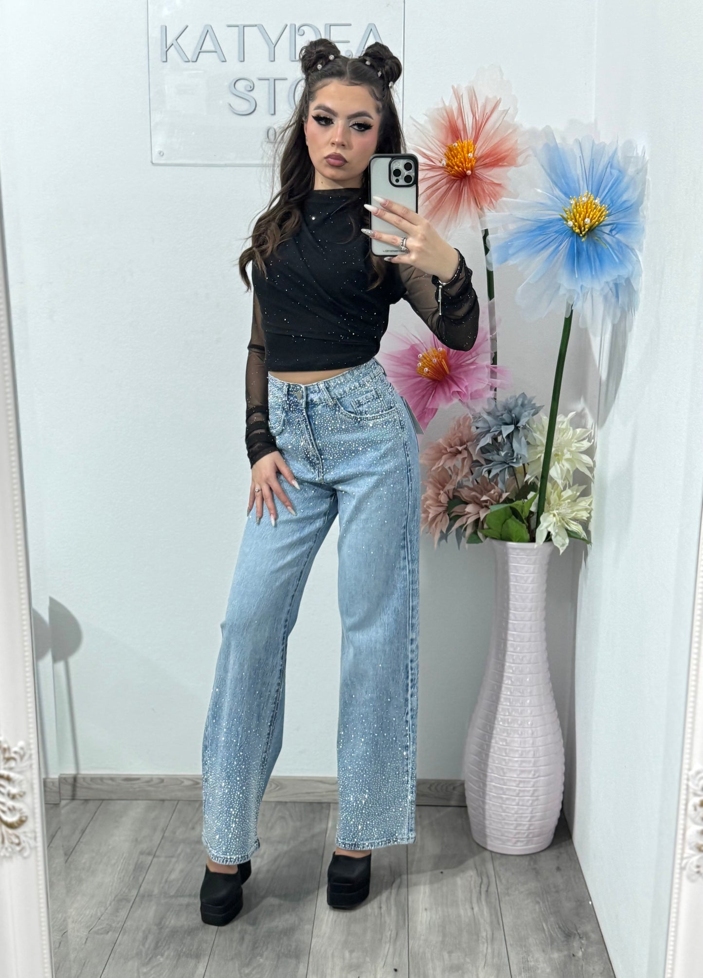 Jeans WideLeg albaștri cu cristale ELLENA