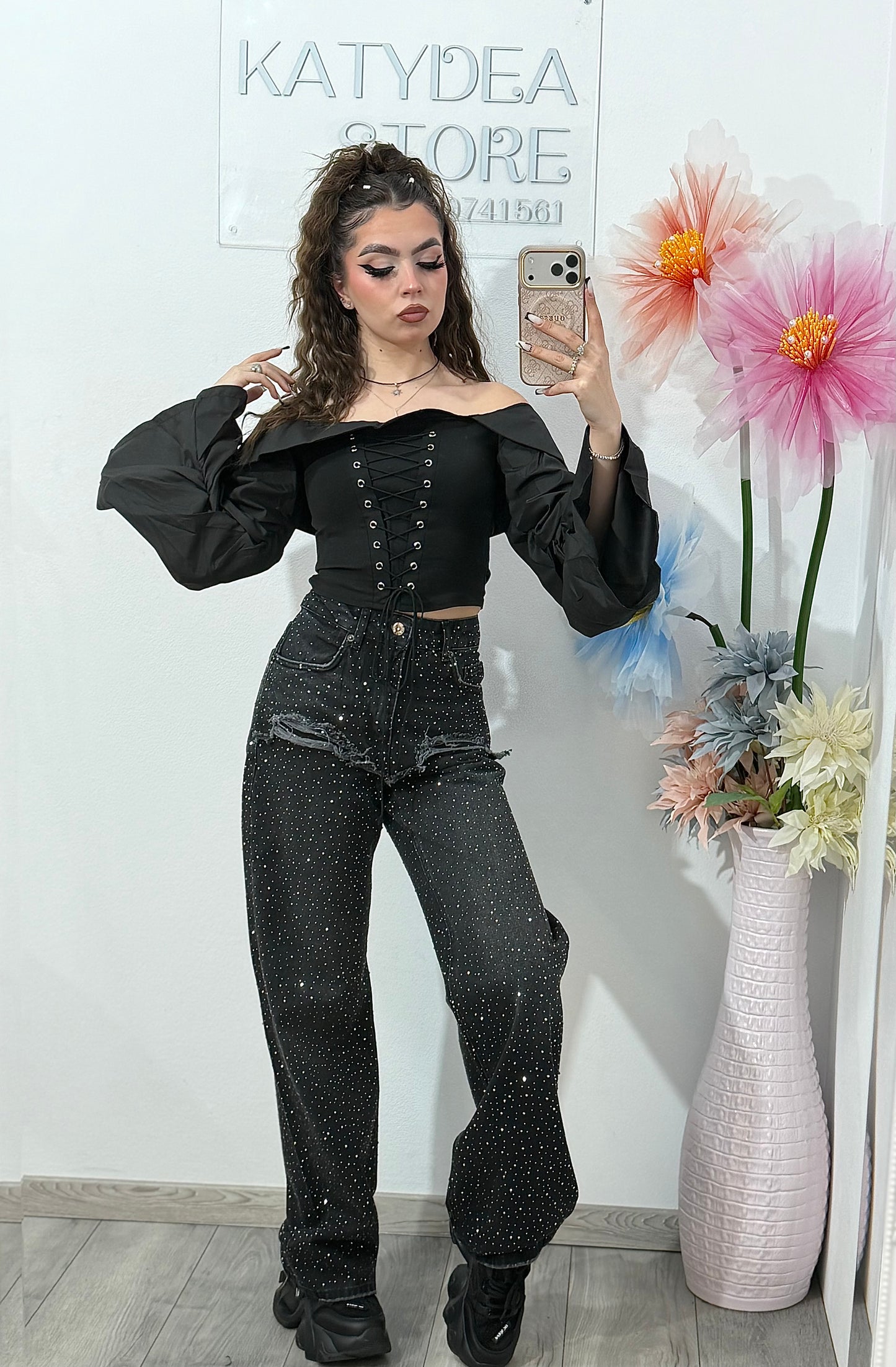 Jeans WideLeg cu cristale ștanțate MARYA