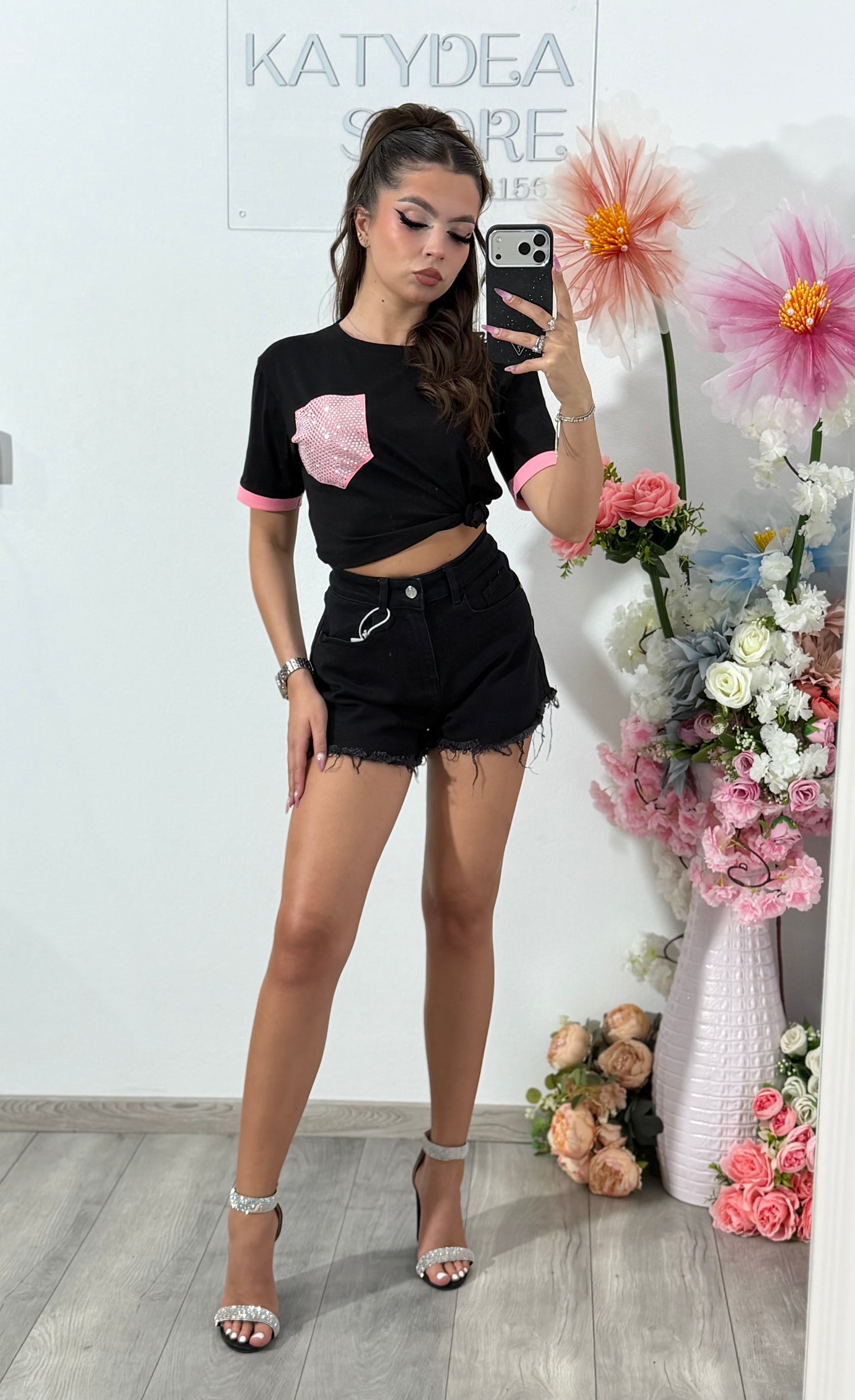 Pantaloni scurți din denim negru  PINK