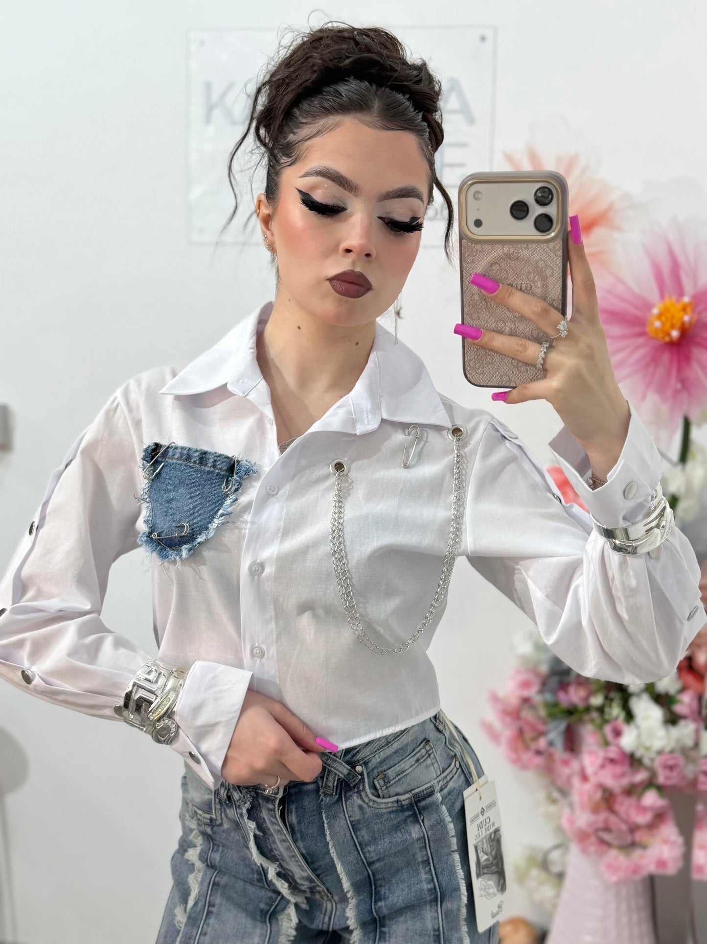 Cămașă crop cu denim și accesorii LORENA