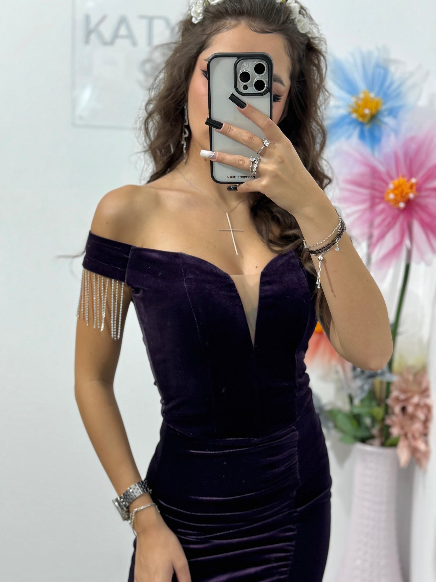 Rochie elegantă mov din catifea, cu umeri goi și despicătură pe picior Lolita
