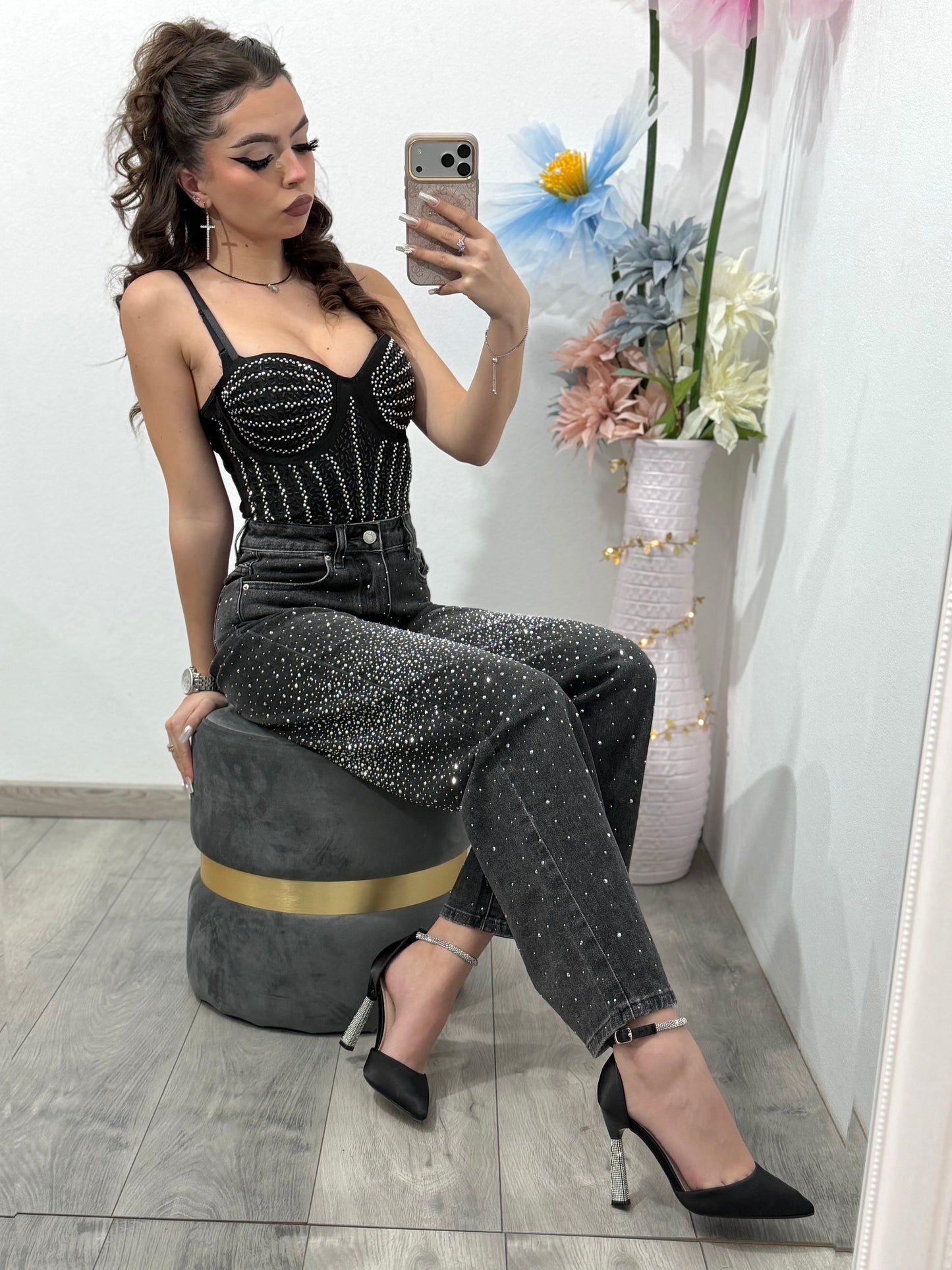 Jeans WideLeg gri cu cristale ștanțate MAYA