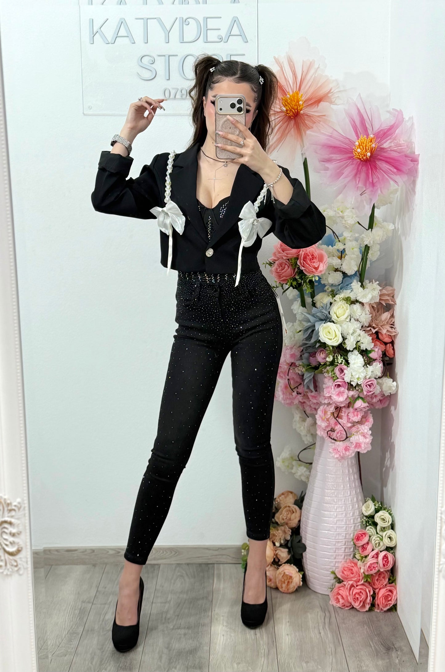 Sacou cropped cu fundițe si perle ANA