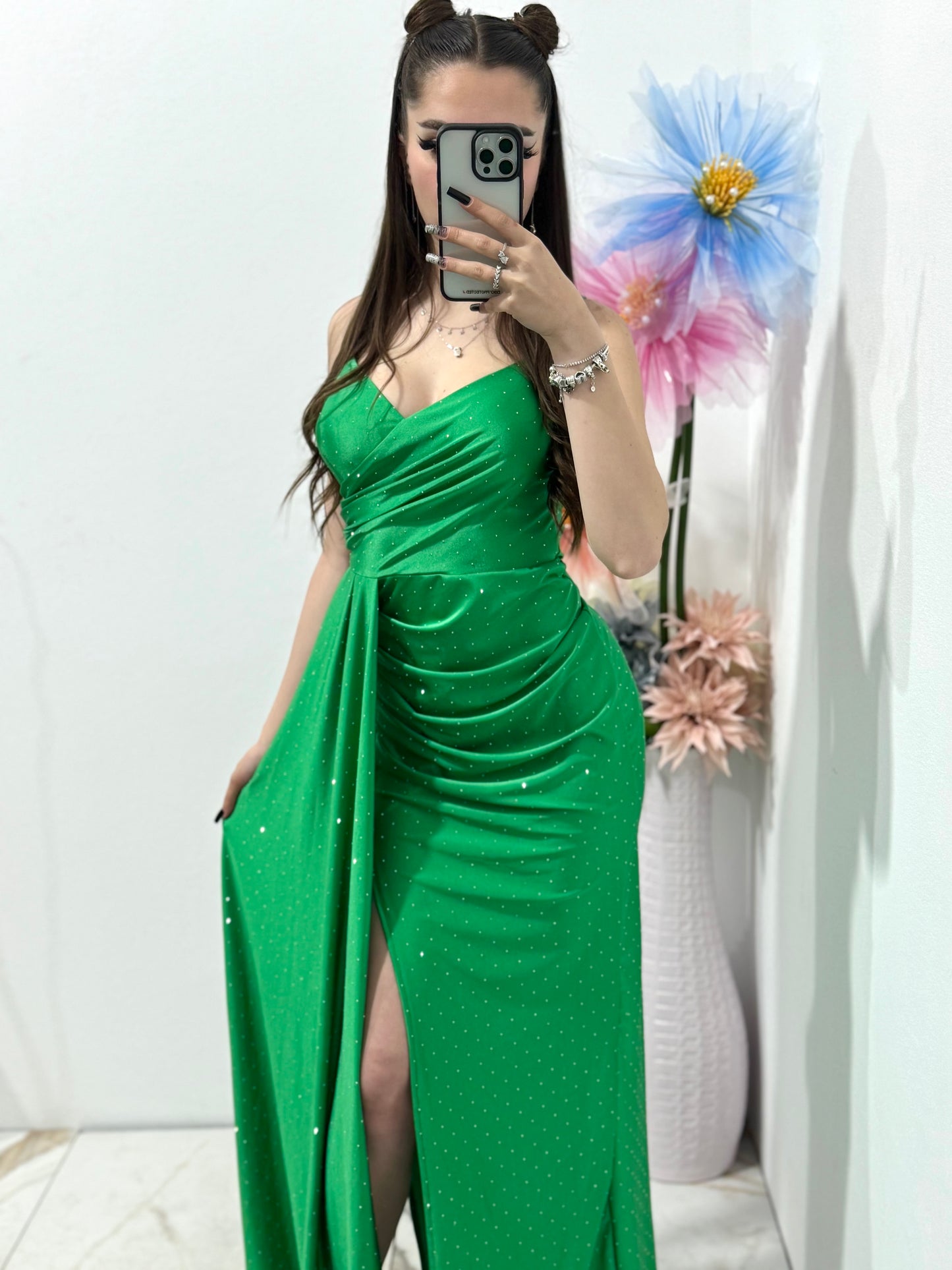 Rochie Monique cu cristale ștanțate verde