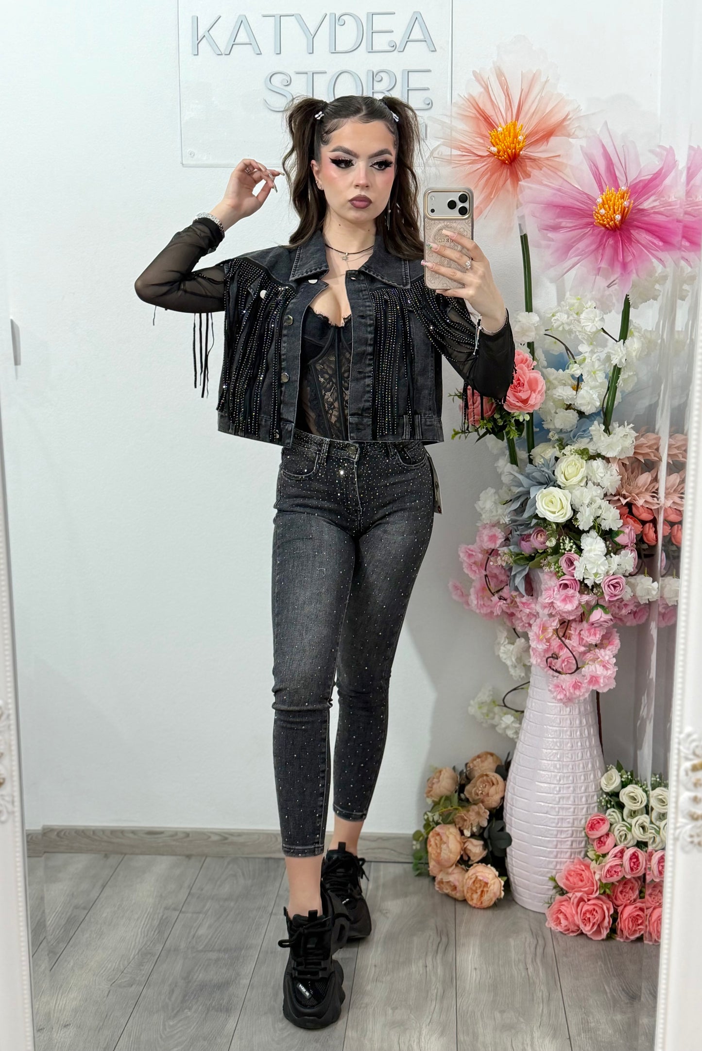 Jeans skinny gri cu cristale Clara