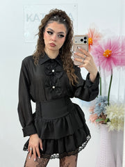 Cămașă elegantă neagră satinată, cu funde decorative – stil feminin și rafinat