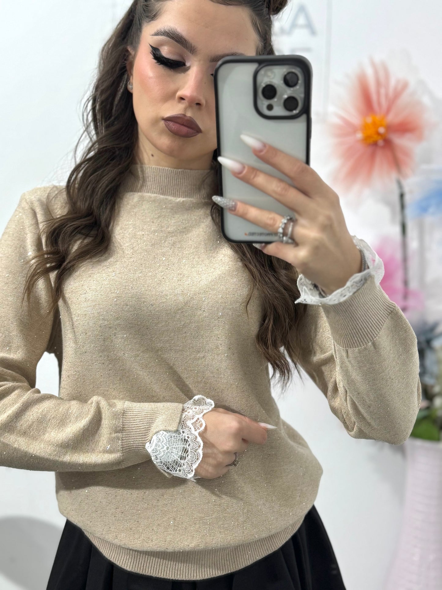 Bluza din tricot cu fir lucios și dantelă DORA