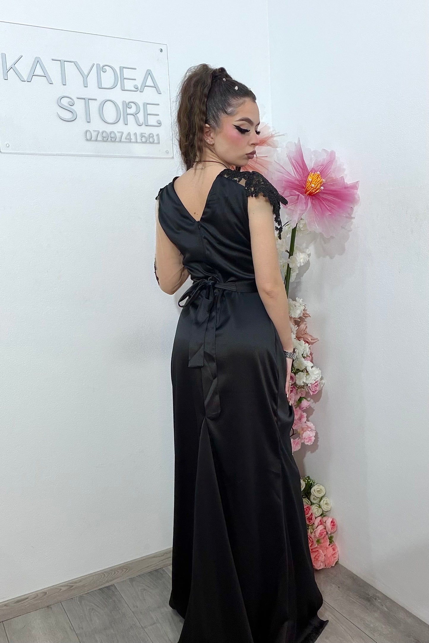 Rochie lunga din tafta negru intens Anasofia