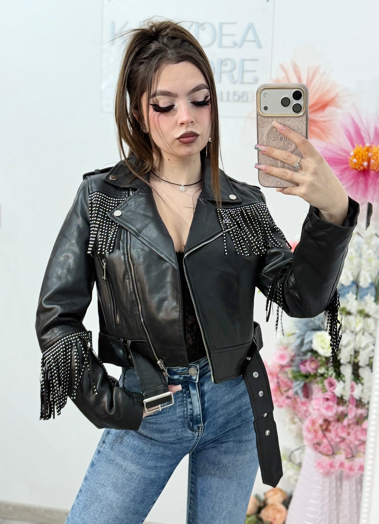 Geacă din imitație de piele cu franjuri neagră MARA