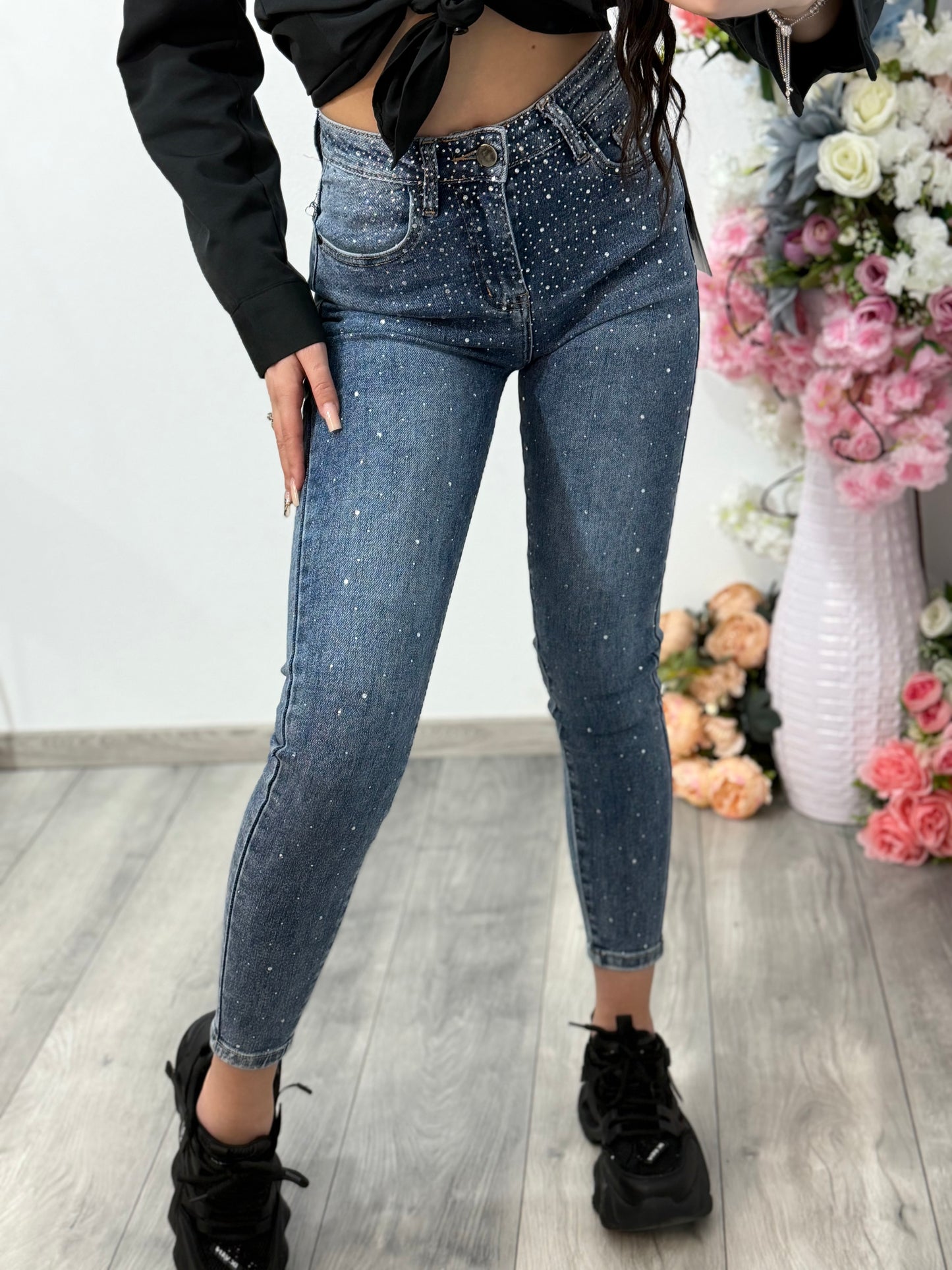 Jeans skinny  albastri cu cristale ROXANA