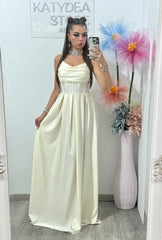 Rochie cu cristale ștanțate și corset Monica crem