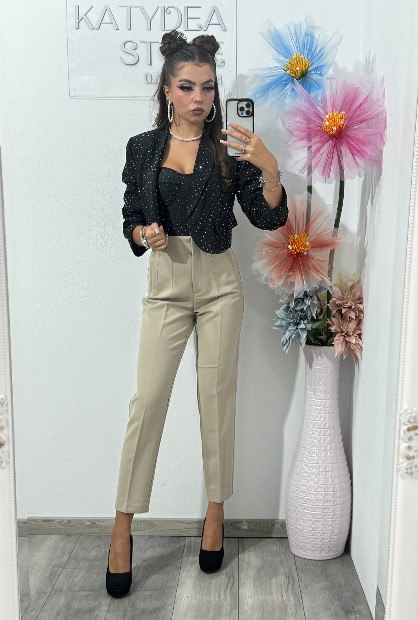 Pantalon crem cu talie inalta Caroline