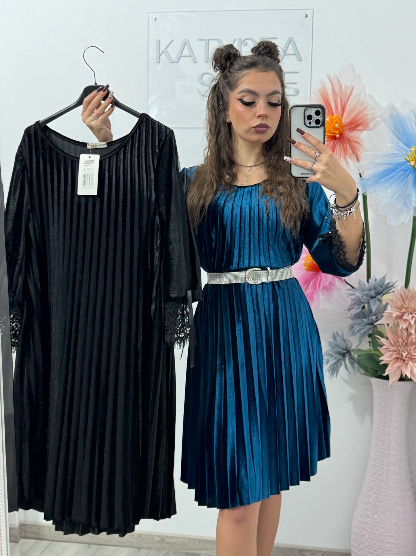 Rochie din catifea și dantelă plisată MARA