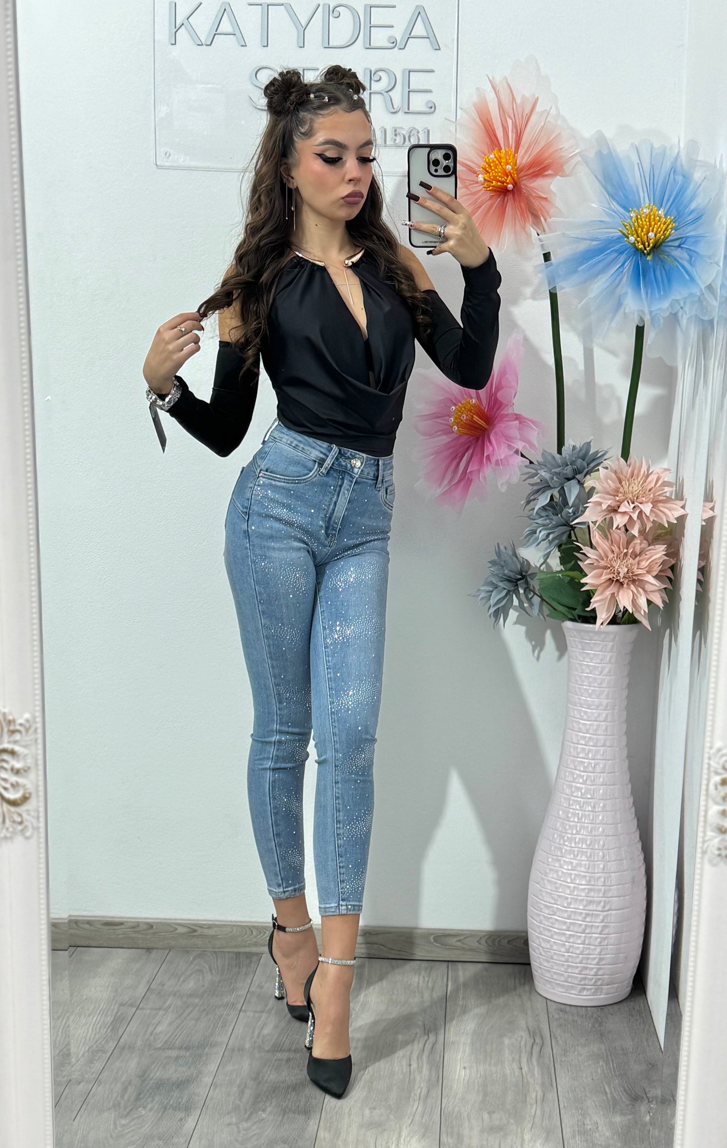 Jeans skinny cu cristale ștanțate albaștri Elsa