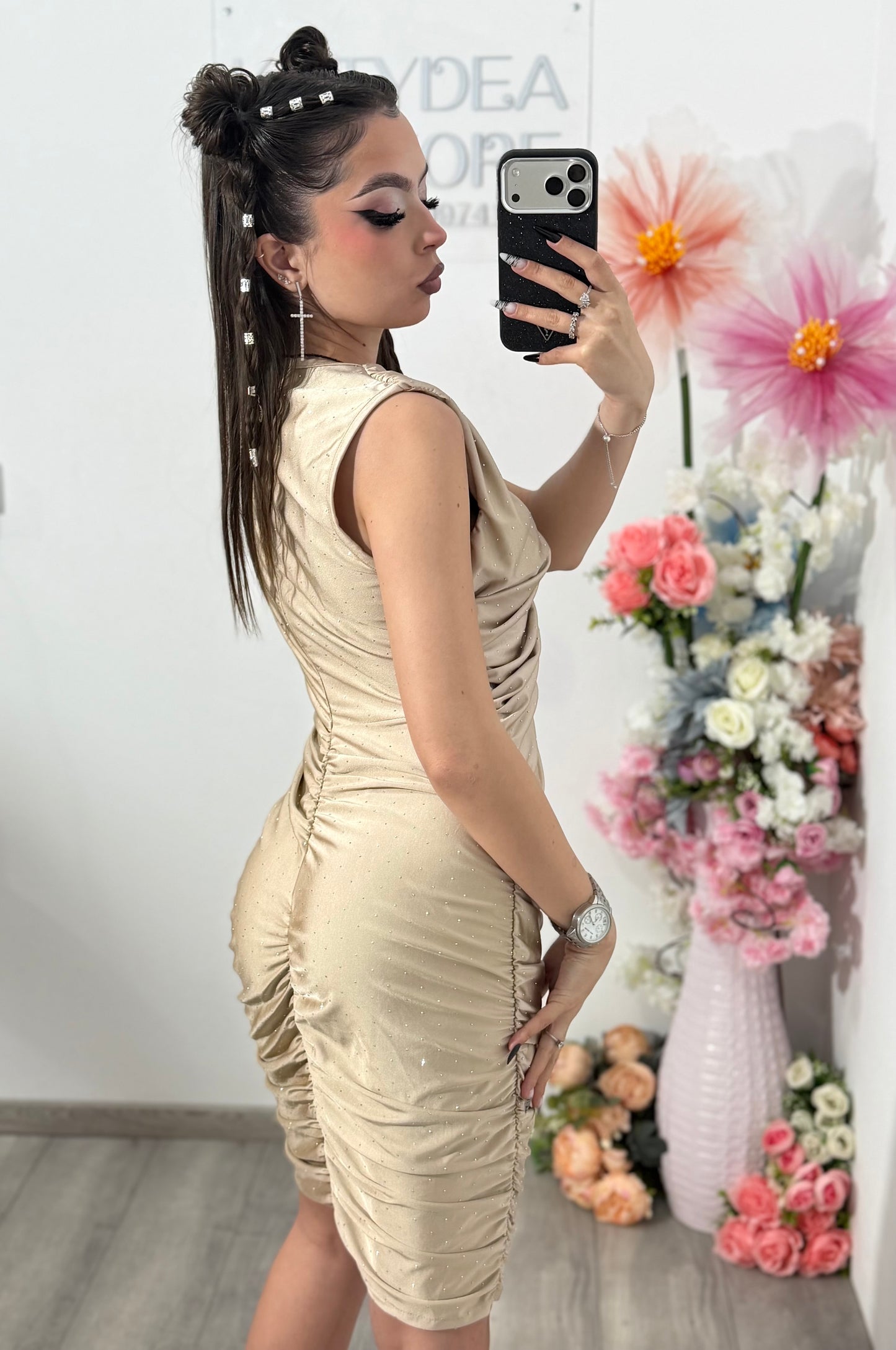 Rochie elegantă cu cristale ștanțate bej SELENA