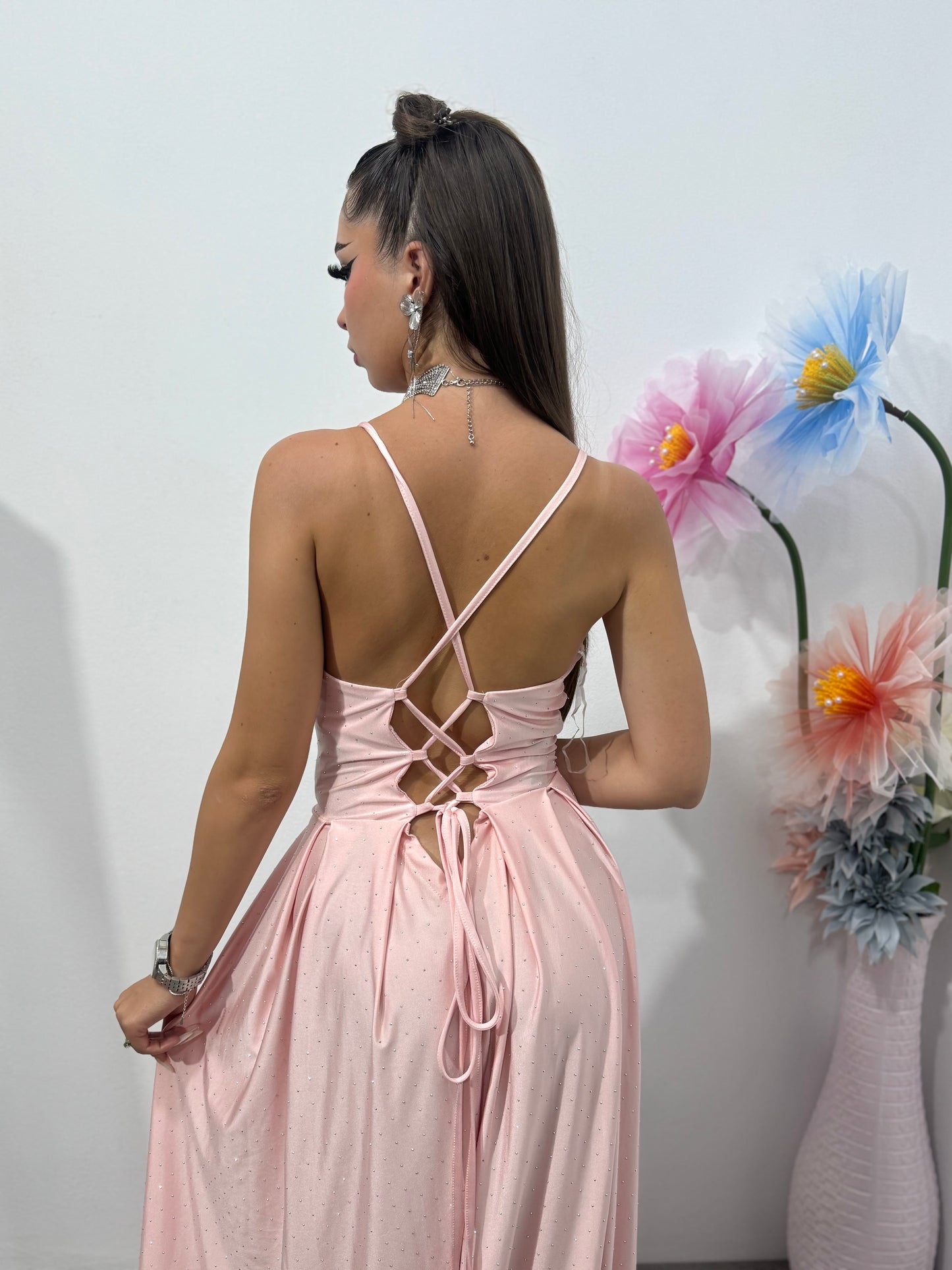 Rochie cu cristale ștanțate și corset Monica roz pudră