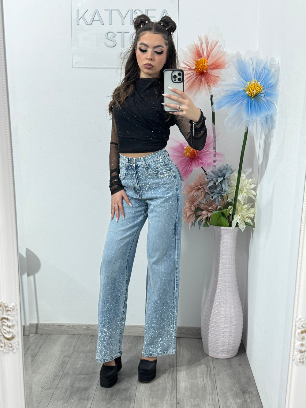 Jeans WideLeg albaștri cu cristale ELLENA