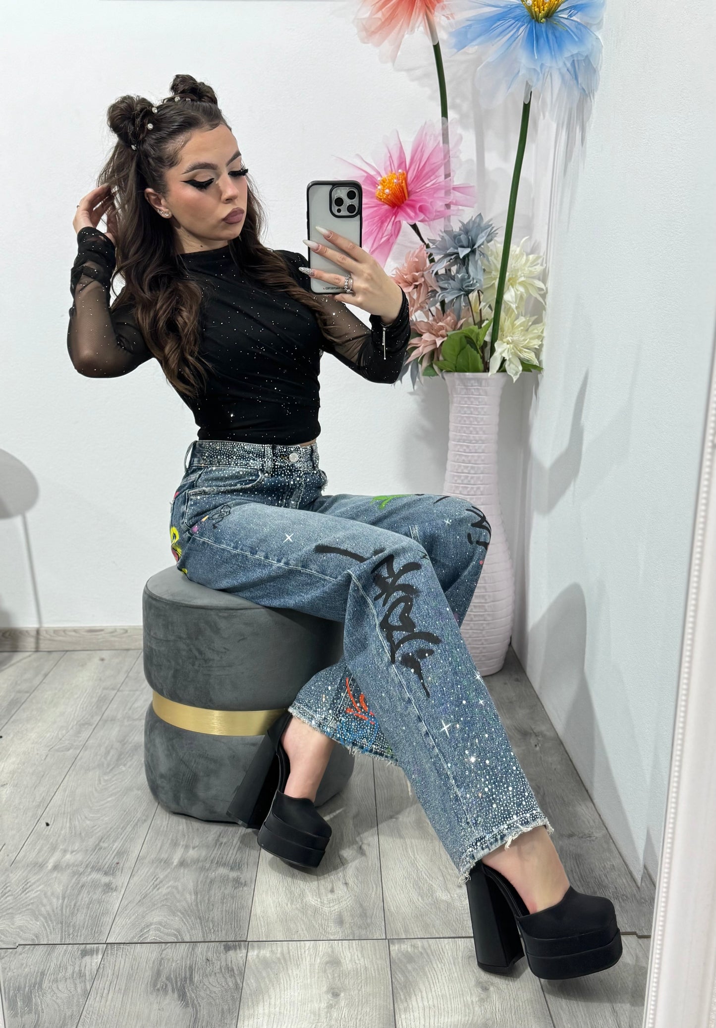 Jeans WideLeg cu cristale și grafitti ANDREE
