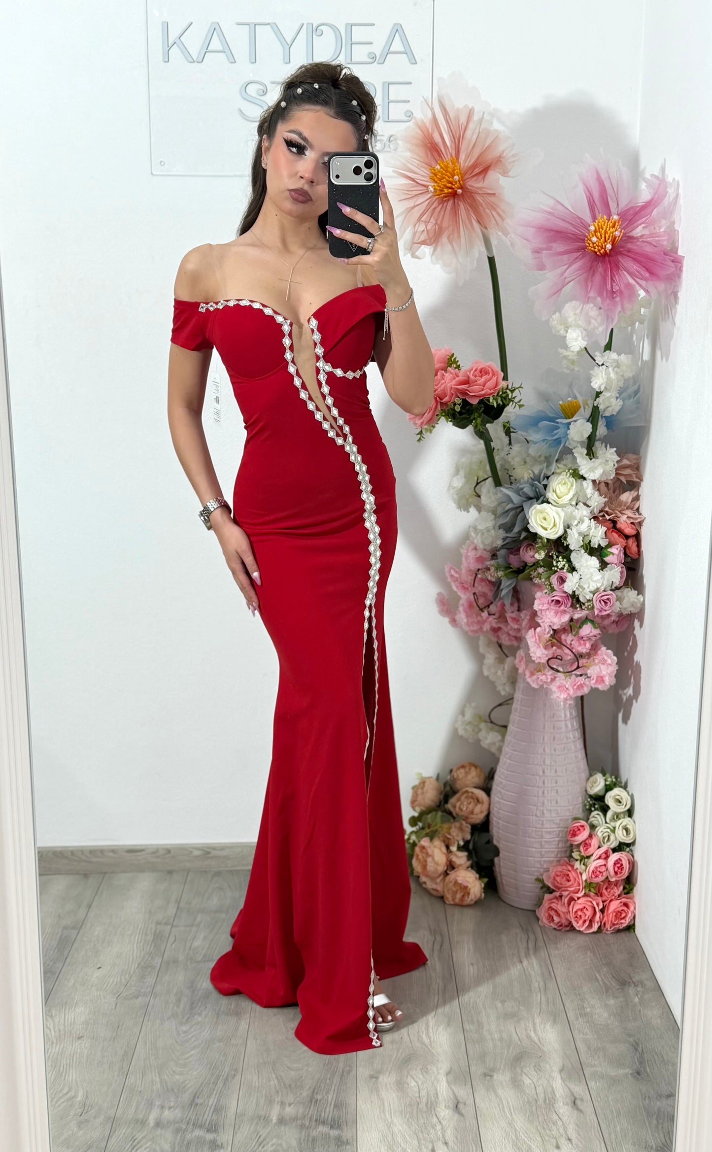 Rochie rosie lunga tip sirena Katherine