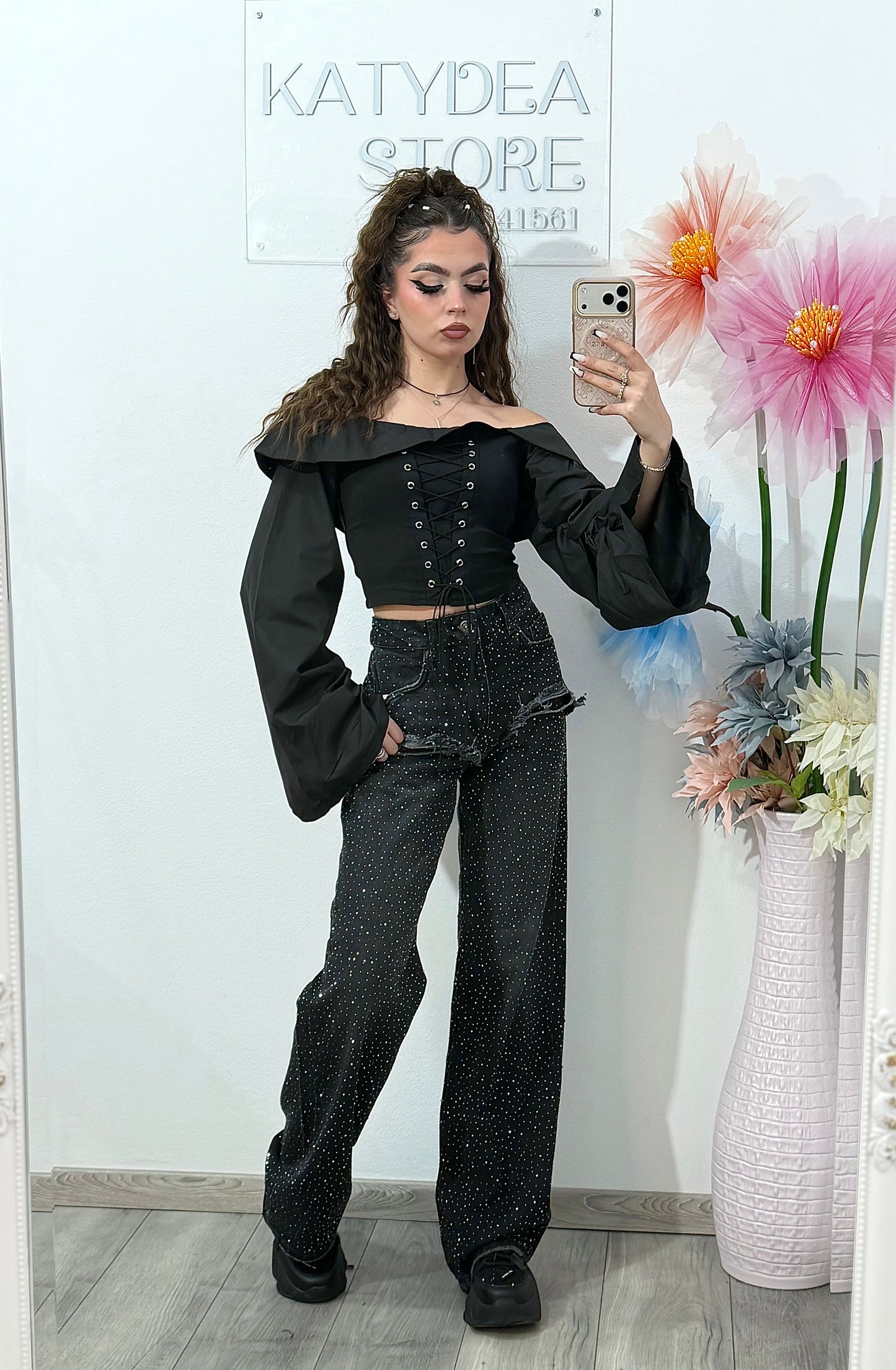 Jeans WideLeg cu cristale ștanțate MARYA