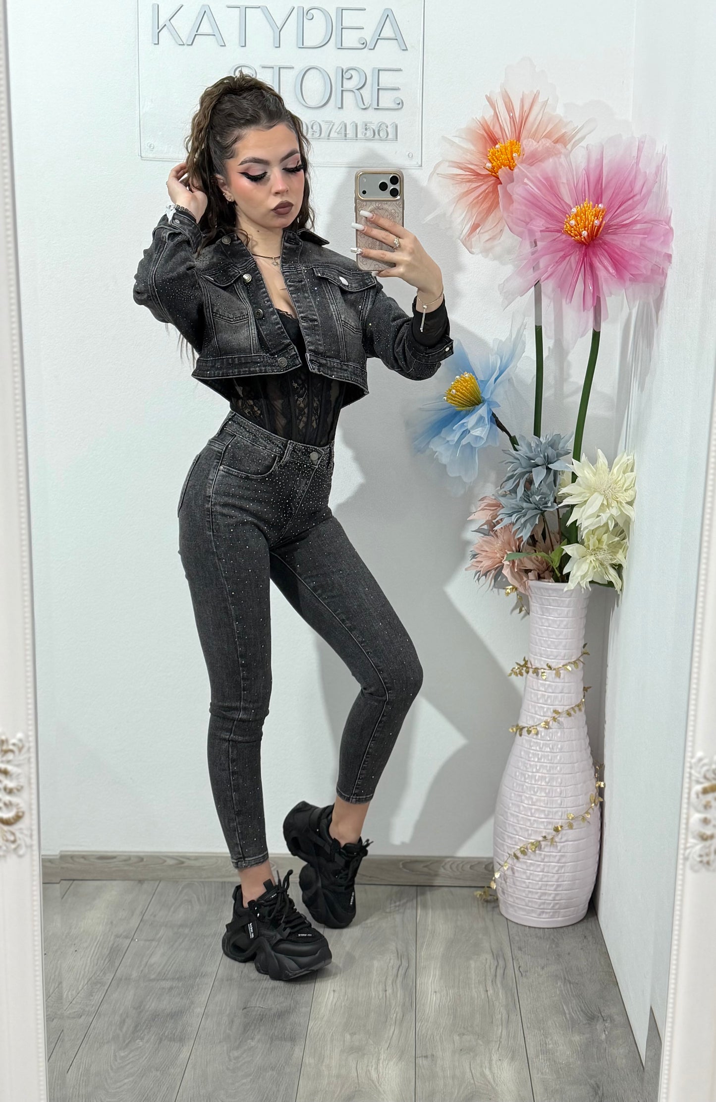 Jeans skinny gri cu cristale DANNA