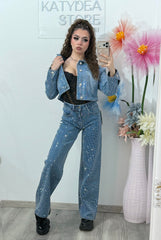 Blugi WideLeg full piatră albastri Xonia