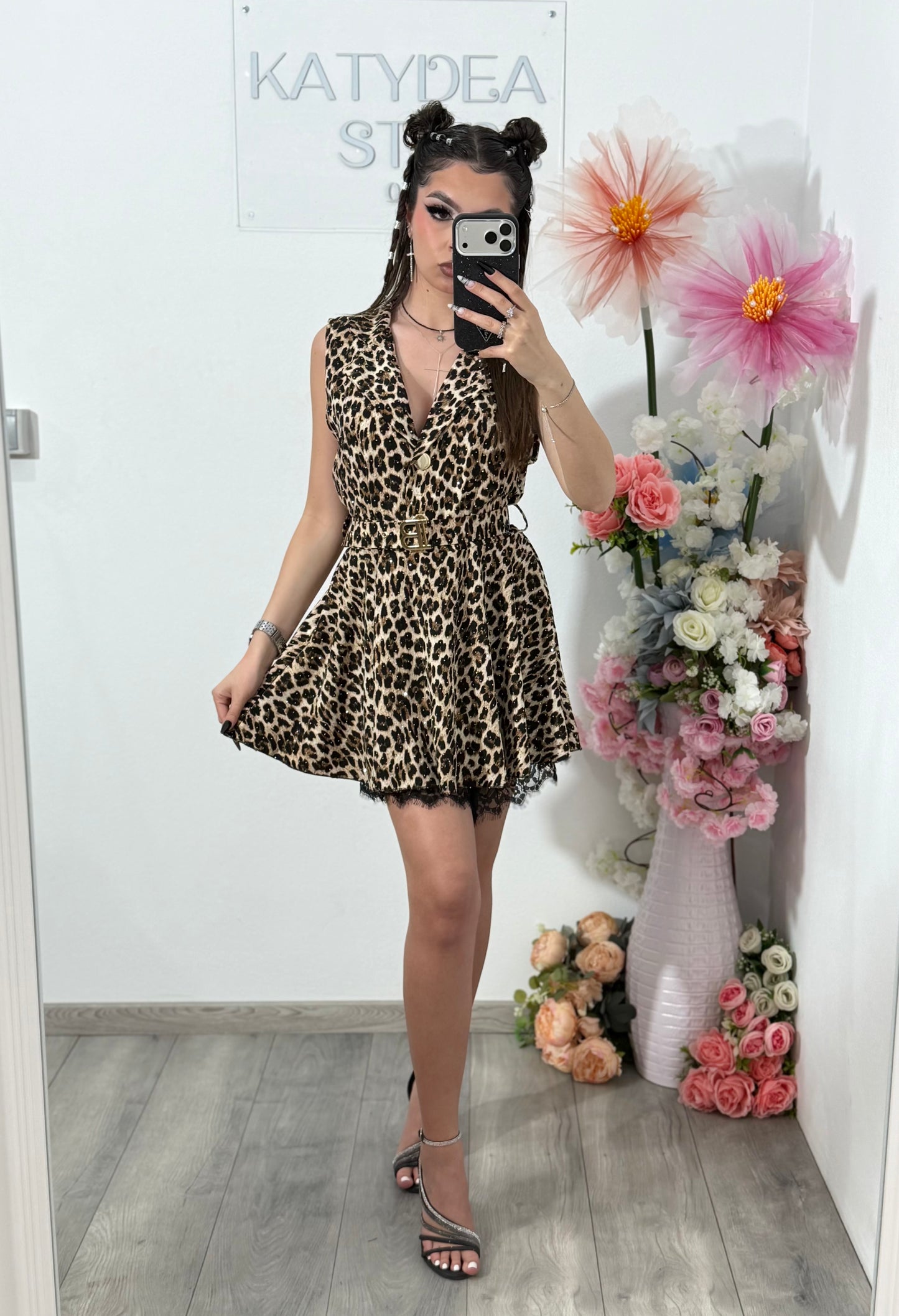Salopetă elegantă cu cristale și imprimeu animal VICTORIA