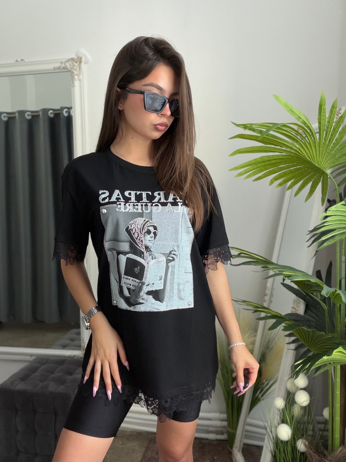 Tricou dantelat cu imprimeu negru GABY
