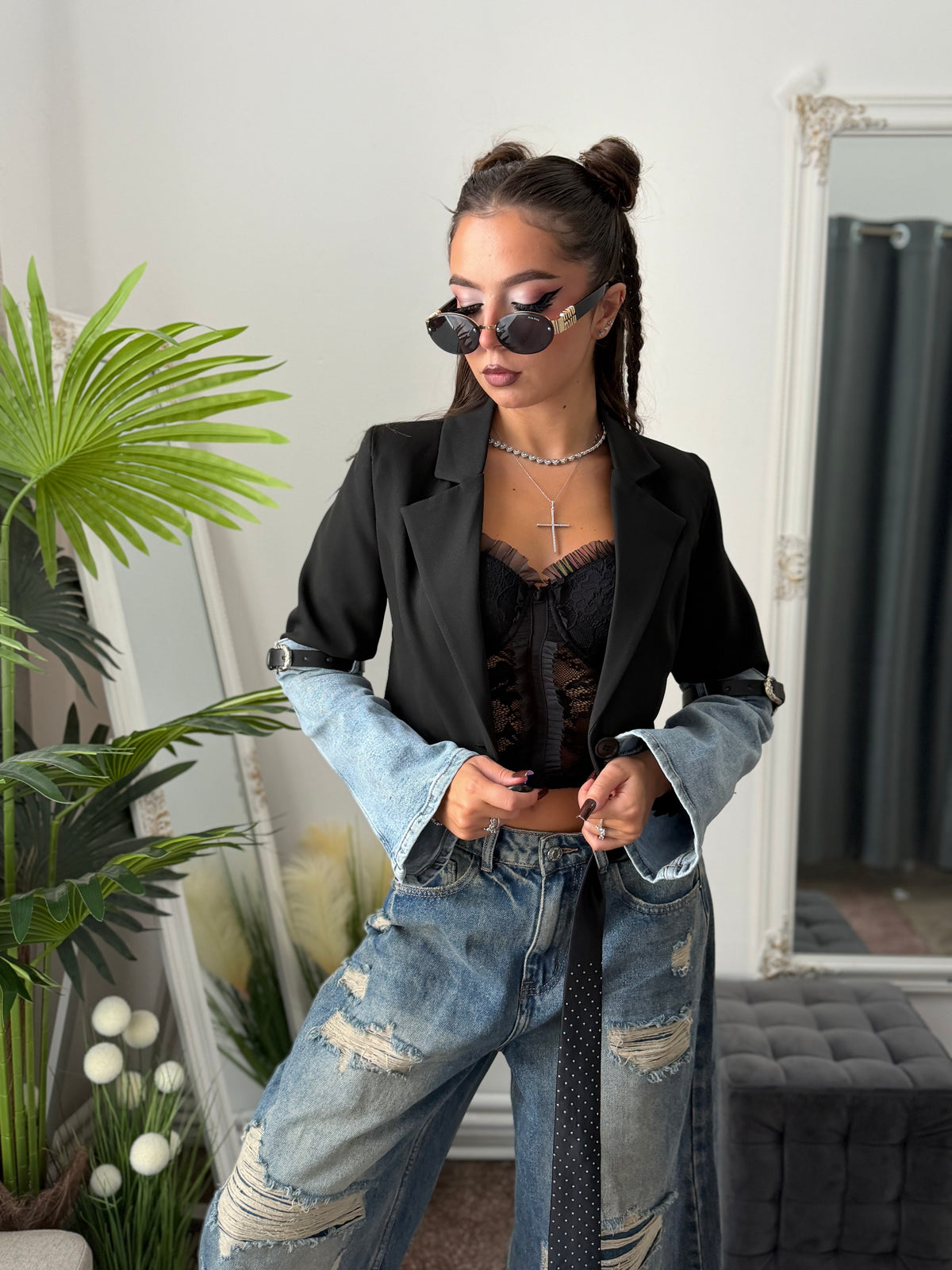Sacou crop cu mânecă din denim