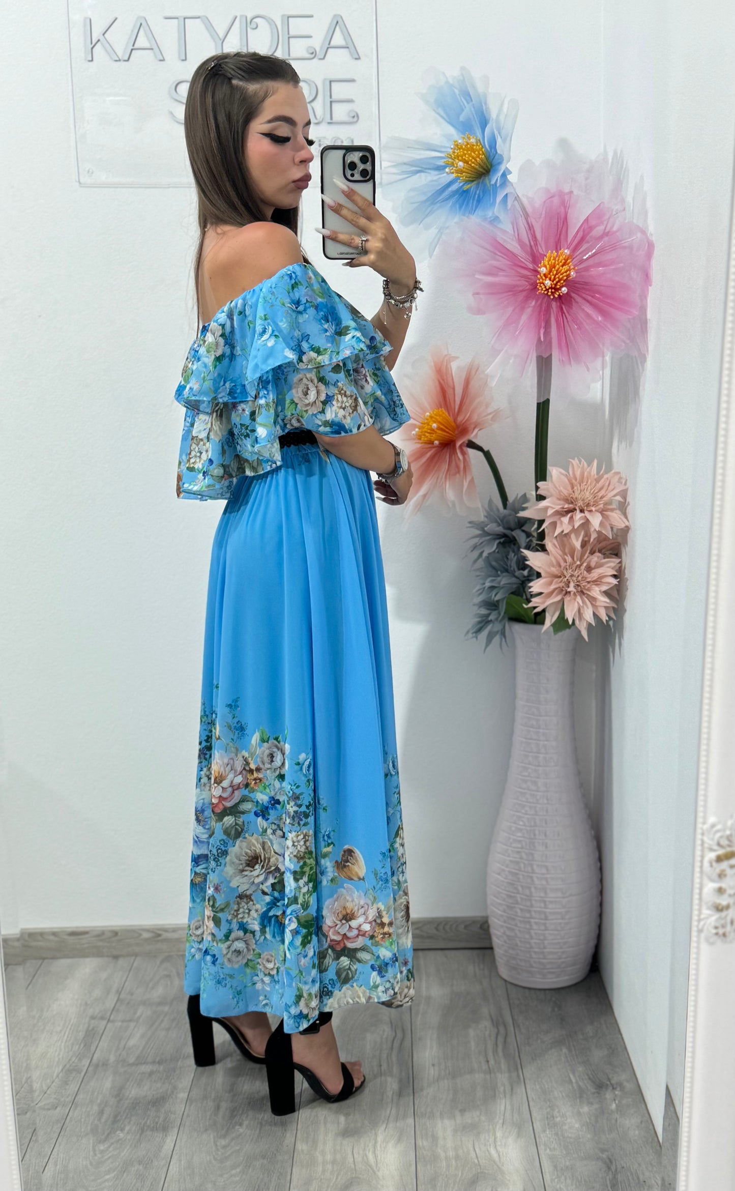 Rochie din voal cu imprimeu albastru Delilah