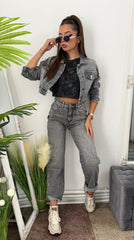 Jeans WideLeg gri cu cristale ștanțate CAMY