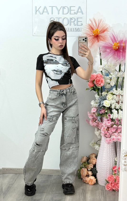 Tricou crop cu cristale ștanțate CORINA