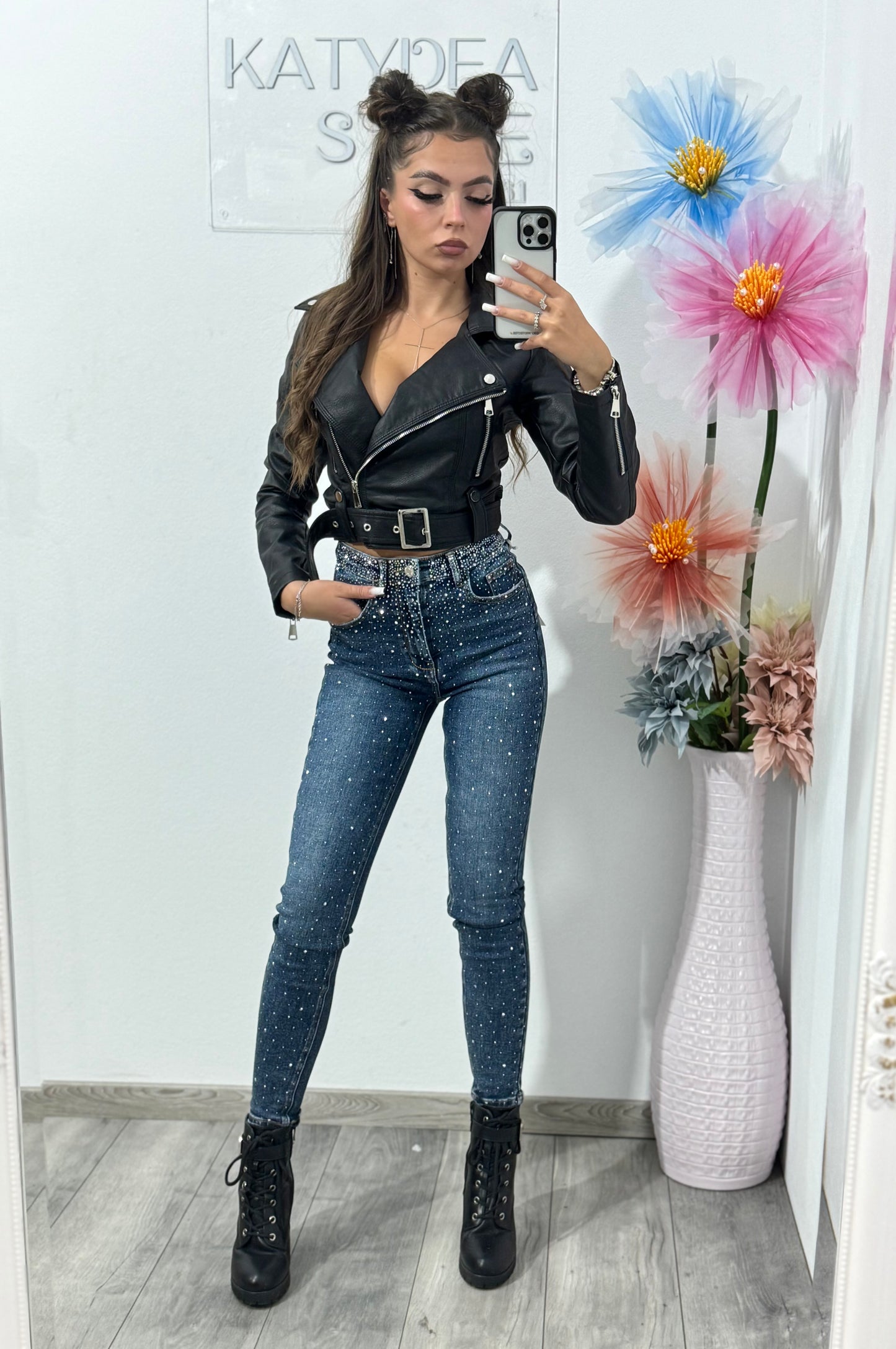Blugi skinny cu cristale Miss Bonbon albaștri