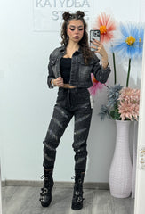 Jeans Baggy Fit gri cu cristale ștanțate Tamarra