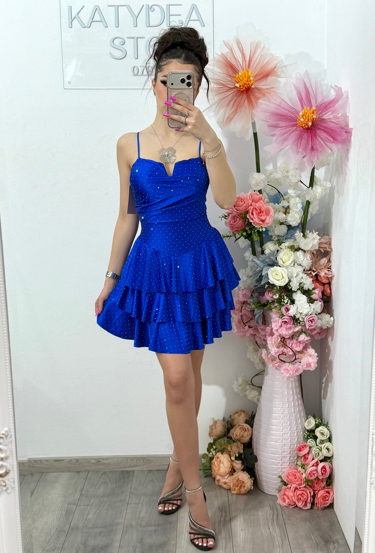 Rochie scurta albastru electric cu cristale ștanțate ZONIA