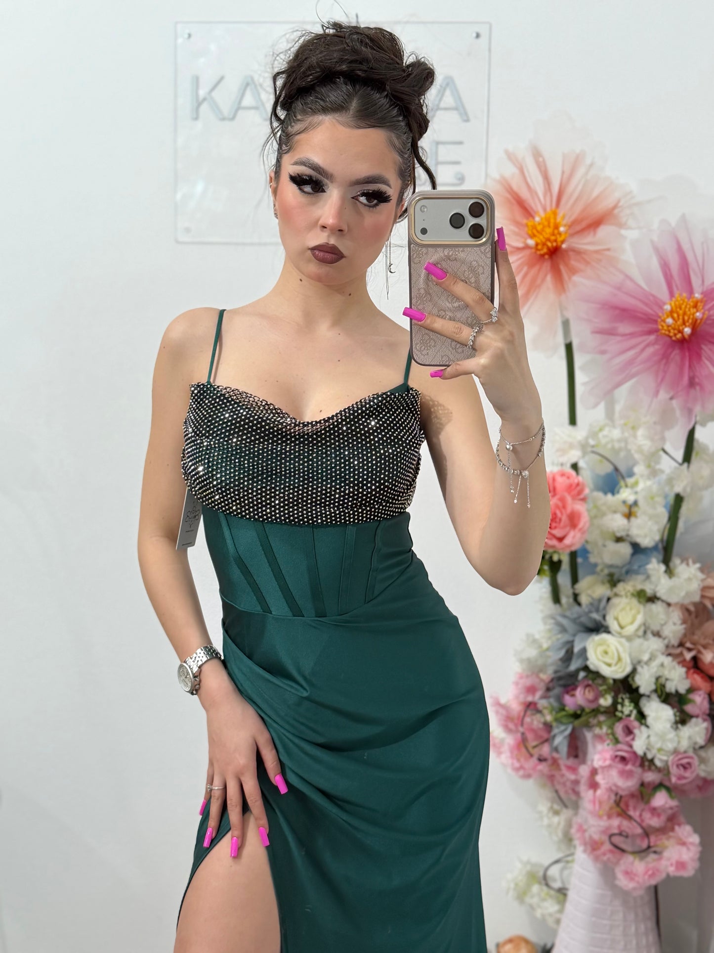 Rochie elegantă cu cristale verde smarald Katherine