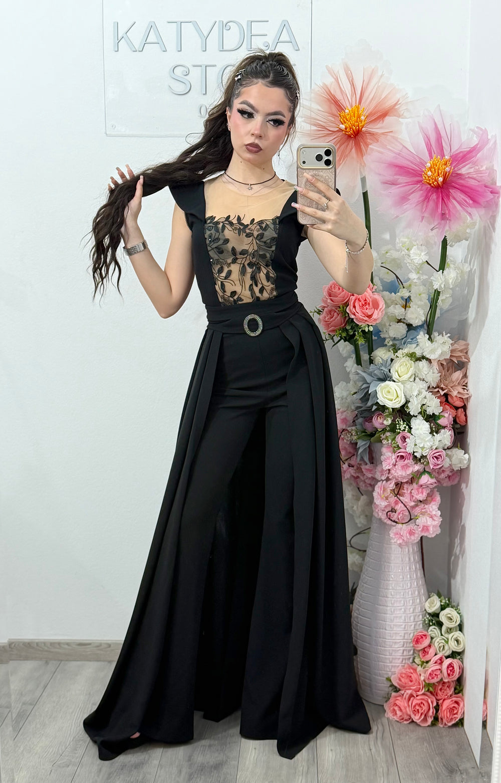 Salopeta neagra eleganta cu trena detasabilă Belle