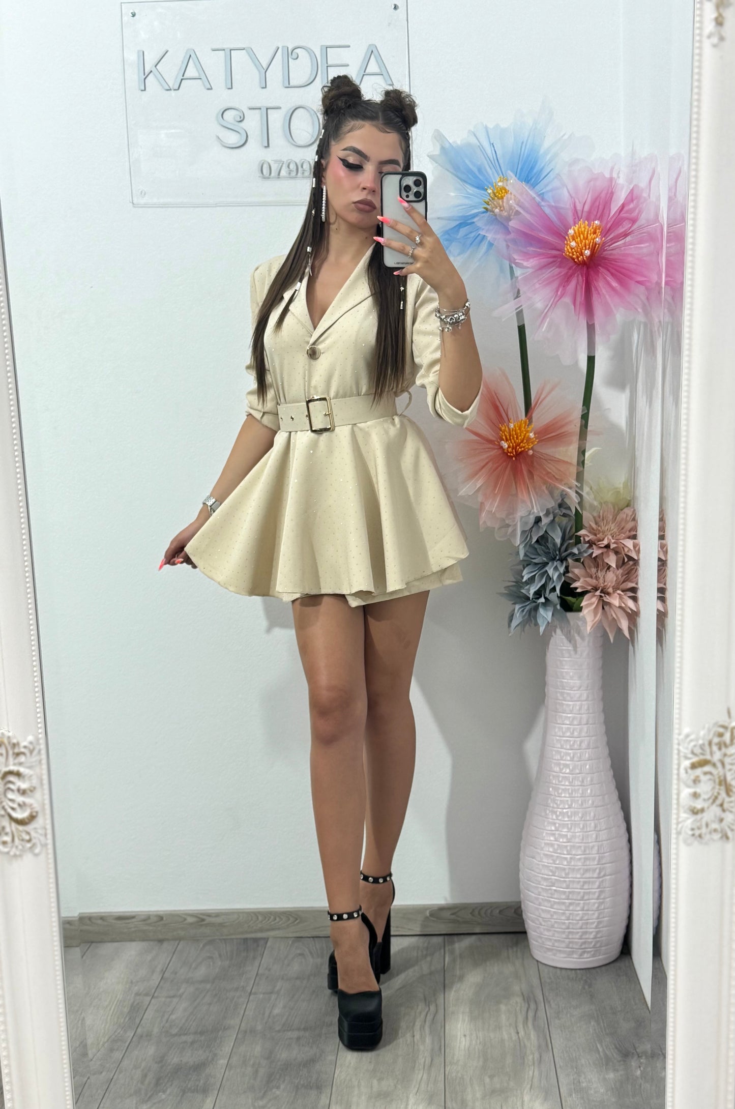 Salopetă full piatră beige Melania