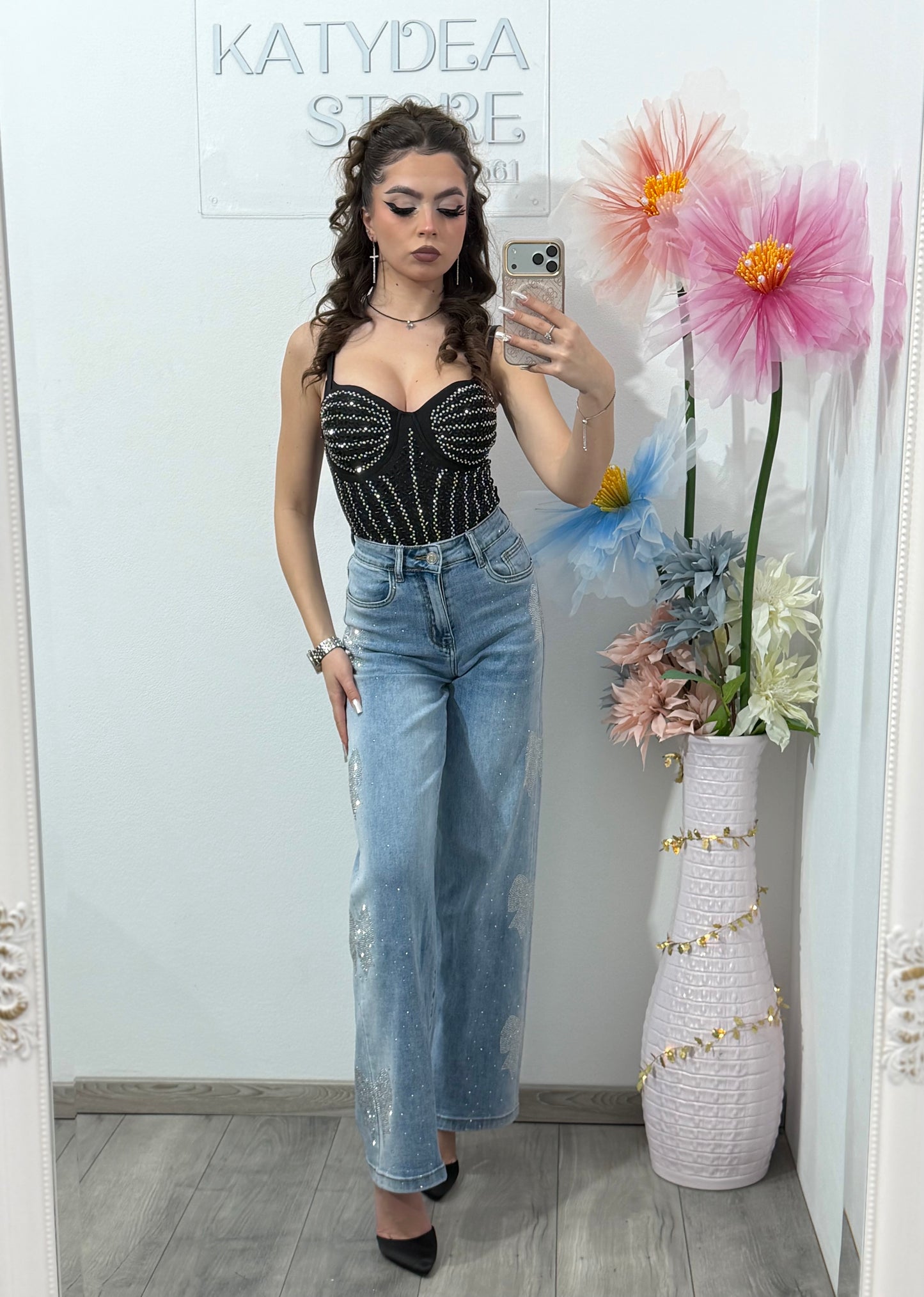 Blugi WideLeg albaștri cu fundițe ștanțate