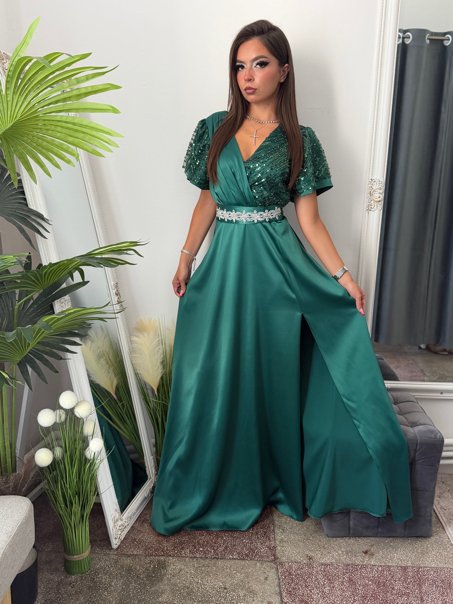 Rochie lungă din tafta verde smarald EDA