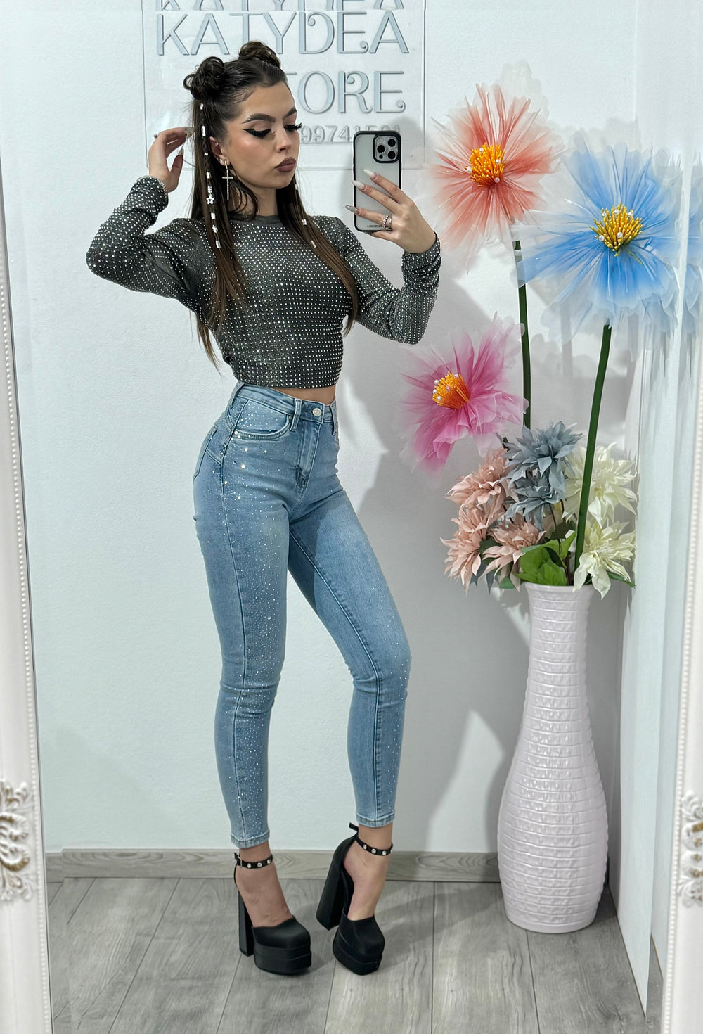 Jeans skinny albaștri cu cristale ANDREEA