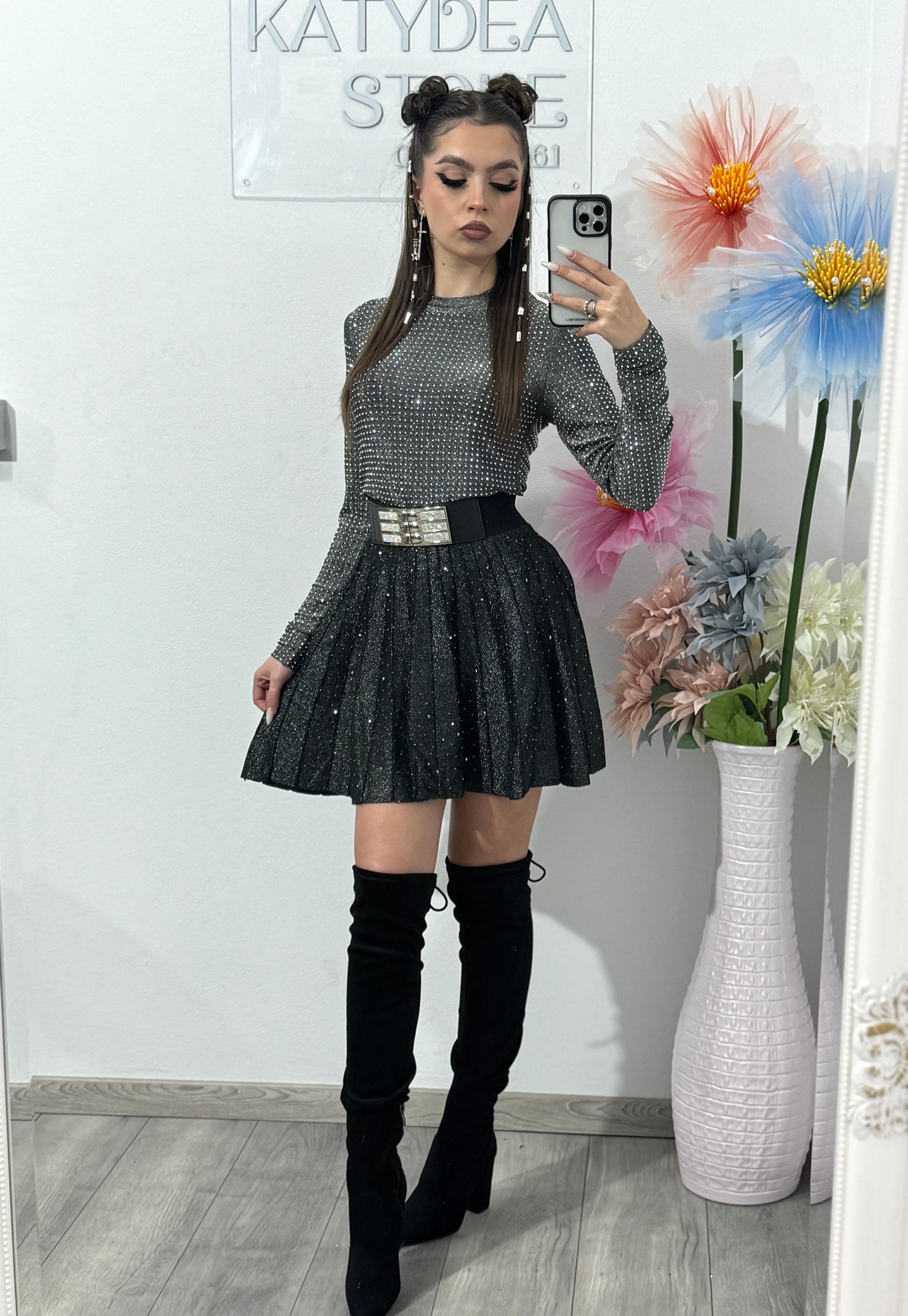 Fustă plisată din tricot cu cristale ANA